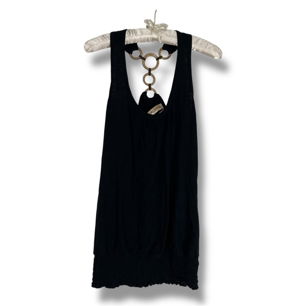 NEW Eyeshadow Black Tank Top Y2K Wood Ring Racerback Sleeveless Shirt Boho Sz L